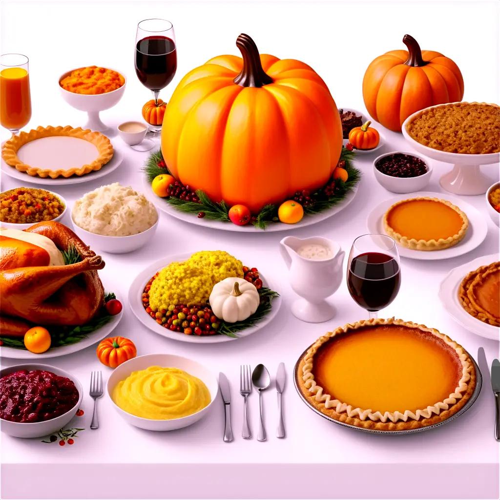 Thanksgiving table with a pumpkin and cranberries