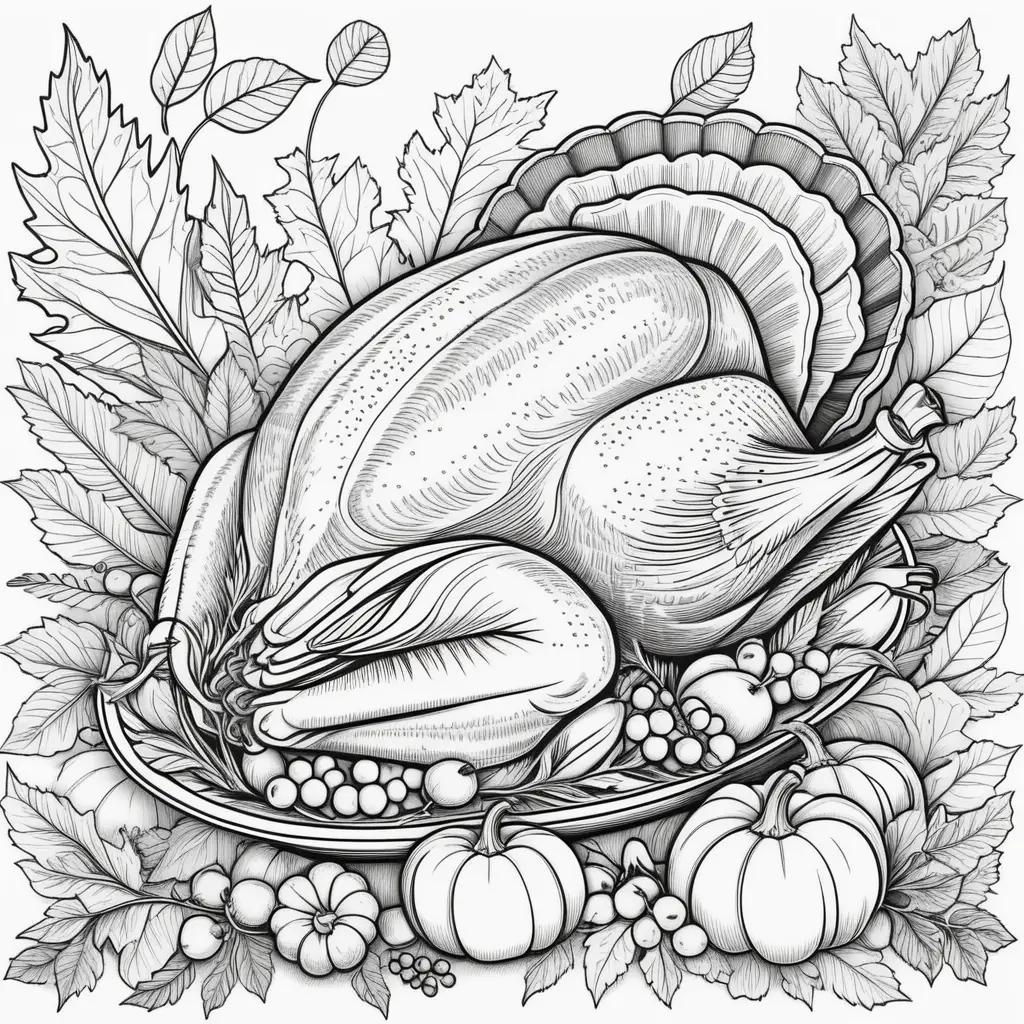 Thanksgiving turkey coloring page with leaves and berries