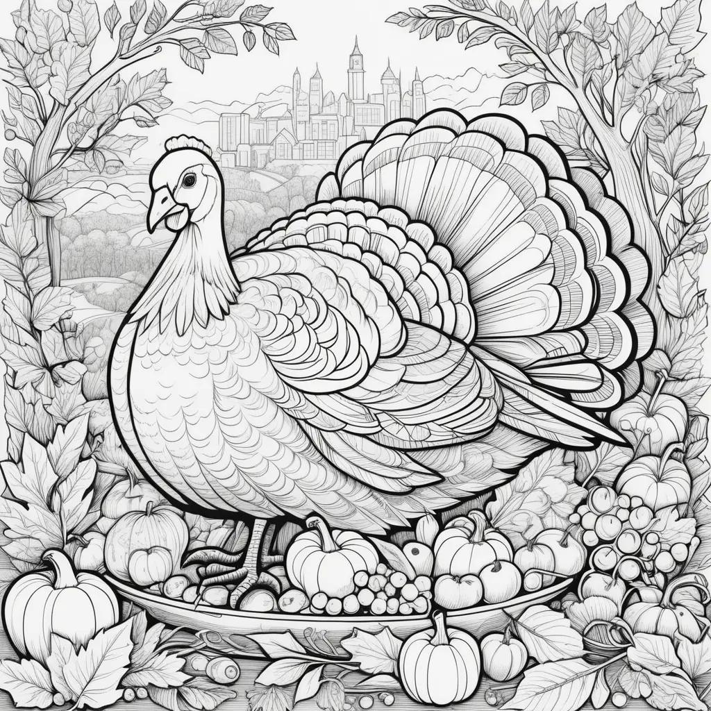 Thanksgiving turkey coloring page with pumpkins and leaves