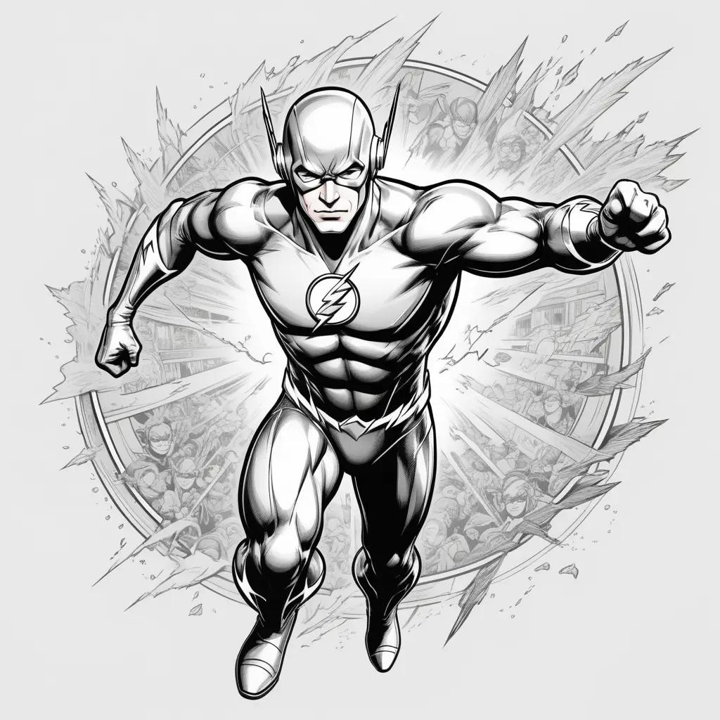 The Flash coloring page: a black and white depiction of a super hero