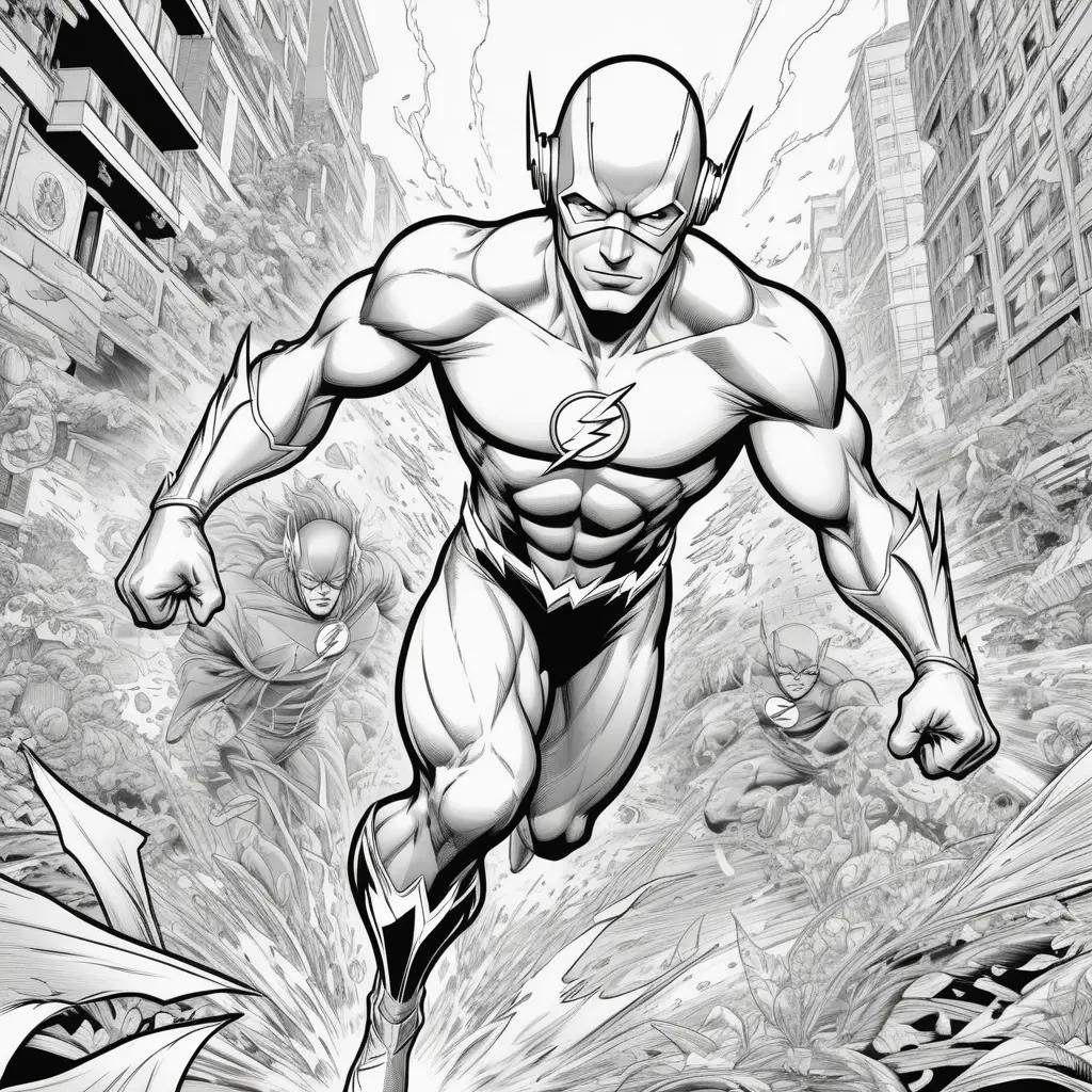 The Flash is a powerful superhero in black and white coloring pages