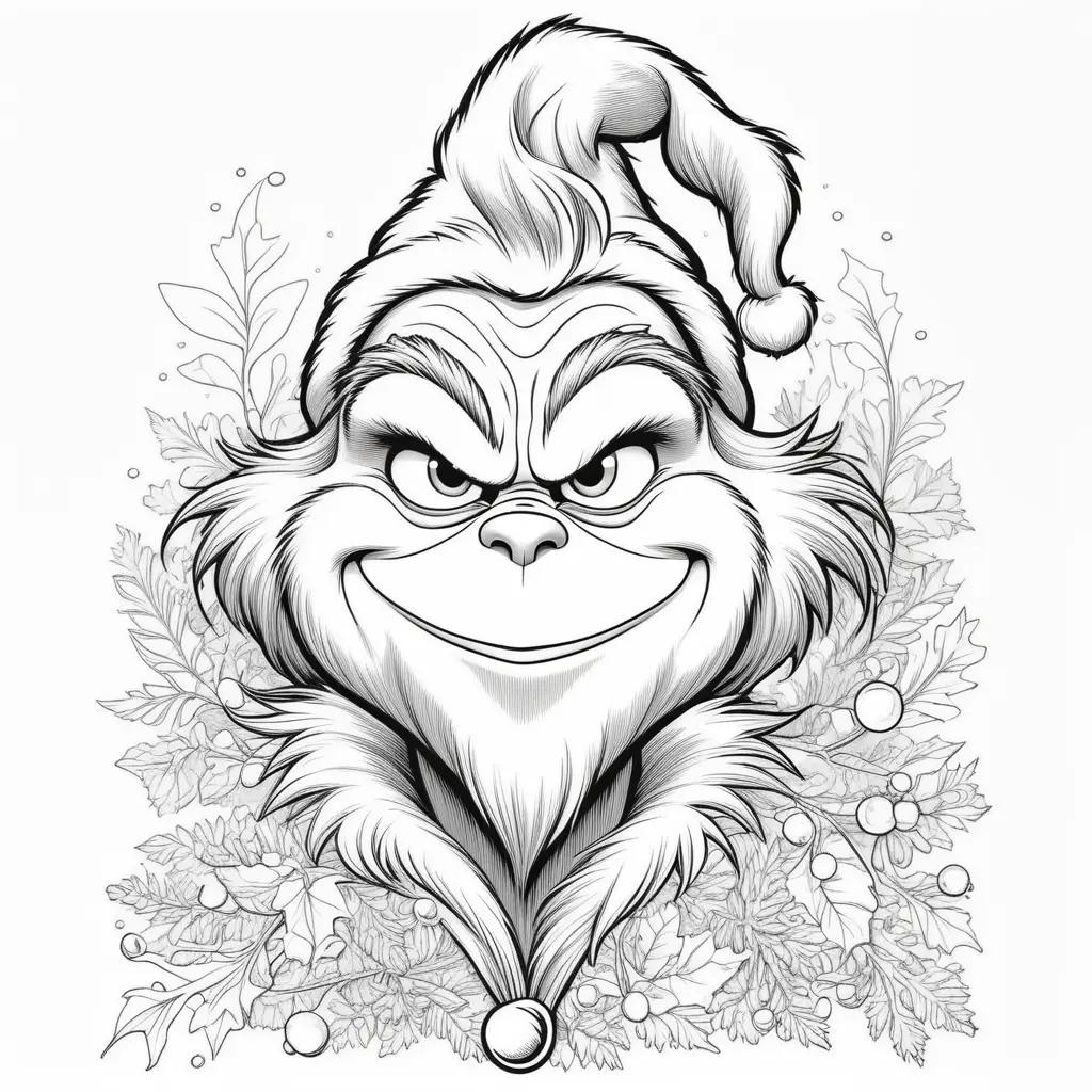 The Grinch coloring pages featuring a black and white drawing of a smiling Grinch