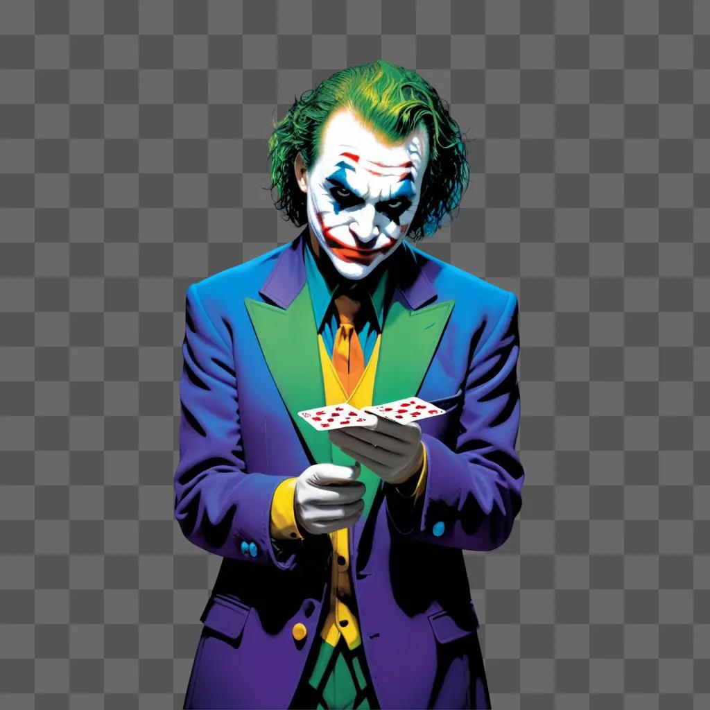 The Joker holds a deck of red hearts