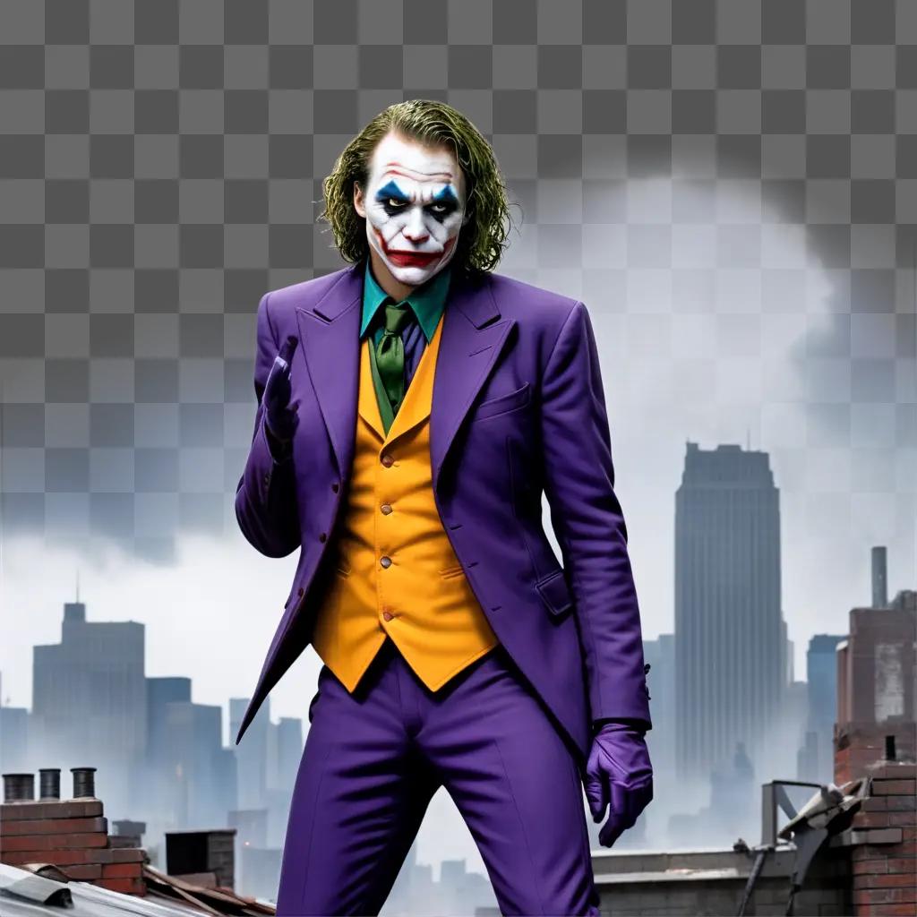 The Joker stands in the rain in a purple suit