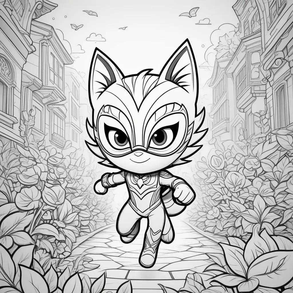 The PJ Mask Coloring Page: A Black and White Cartoon of a Cat in a Mask Running Down a Street