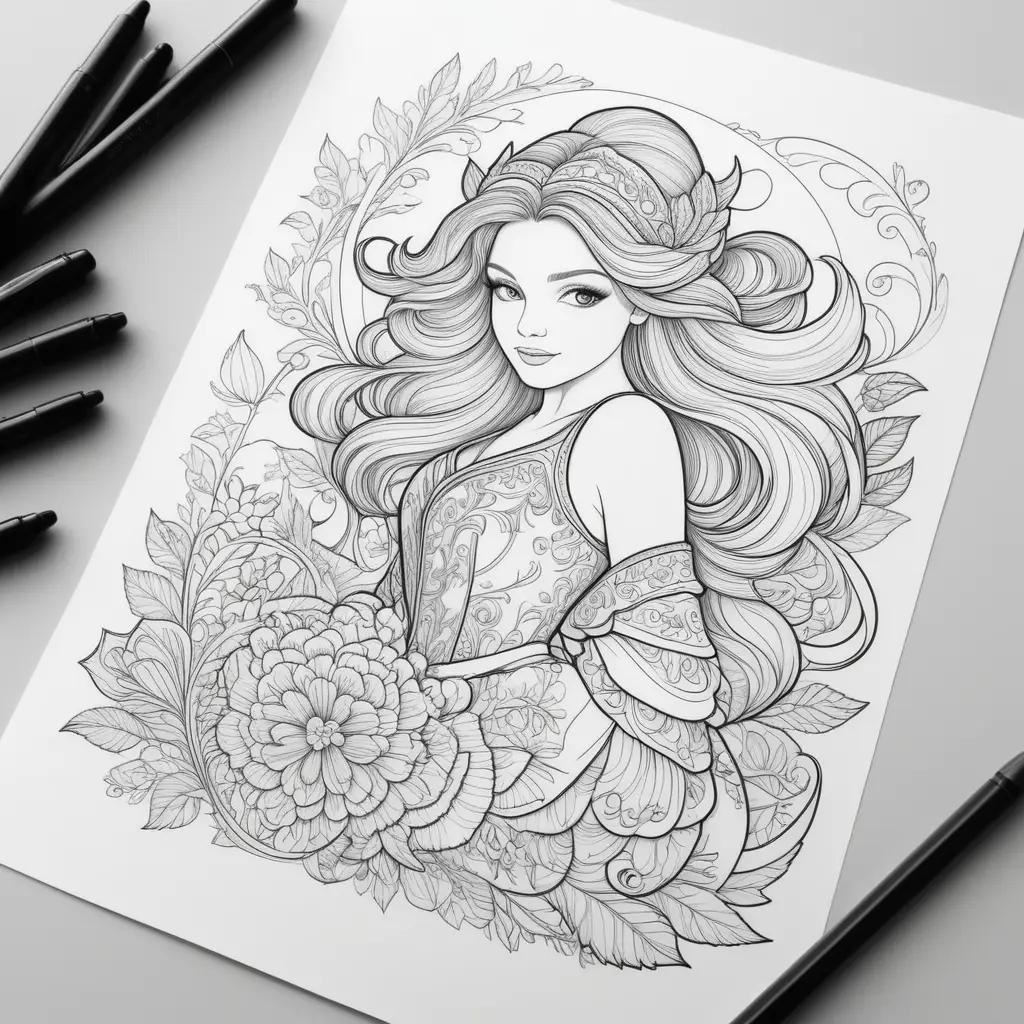 The Princess Coloring Page with black and white sketching