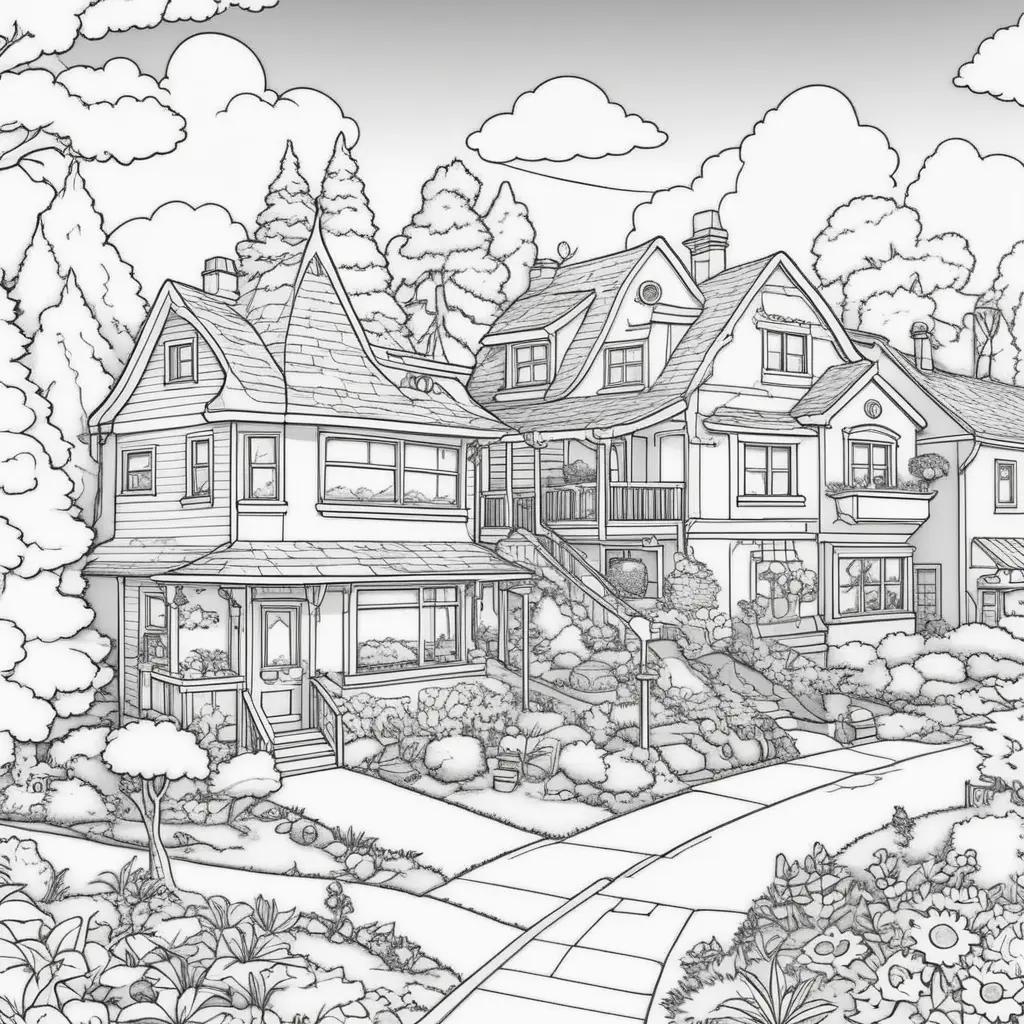 The Simpsons coloring pages show a house with a large chimney