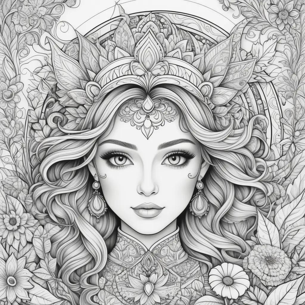 The Super Coloring Page of a Beautiful Woman with a Crown and Flowers