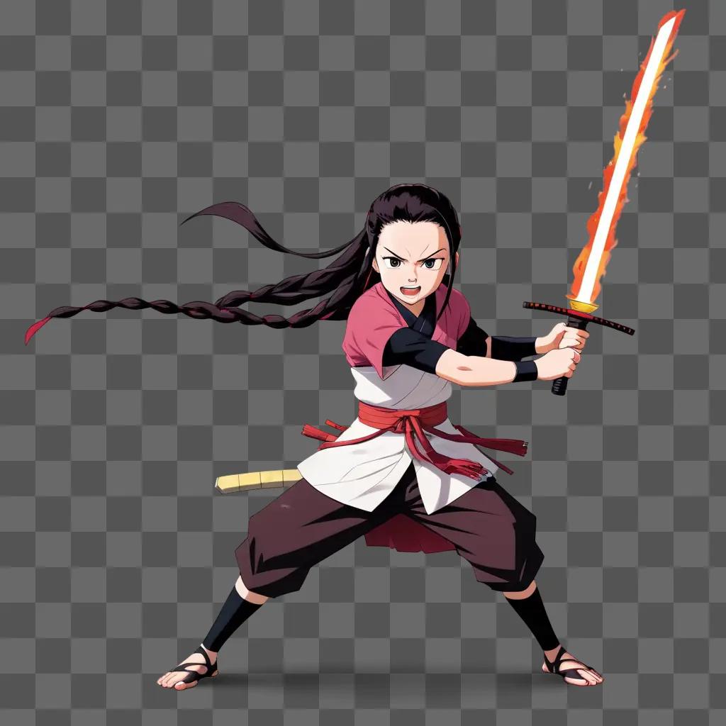 The anime character, Nezuko, is depicted with a sword and a bright light on her arm