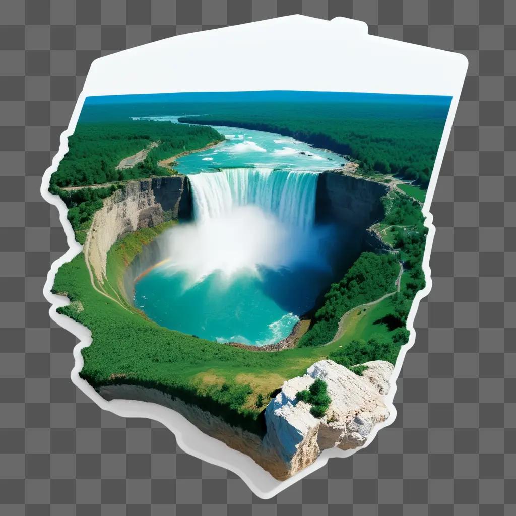 The image is a composite of a North American landscape with a large waterfall