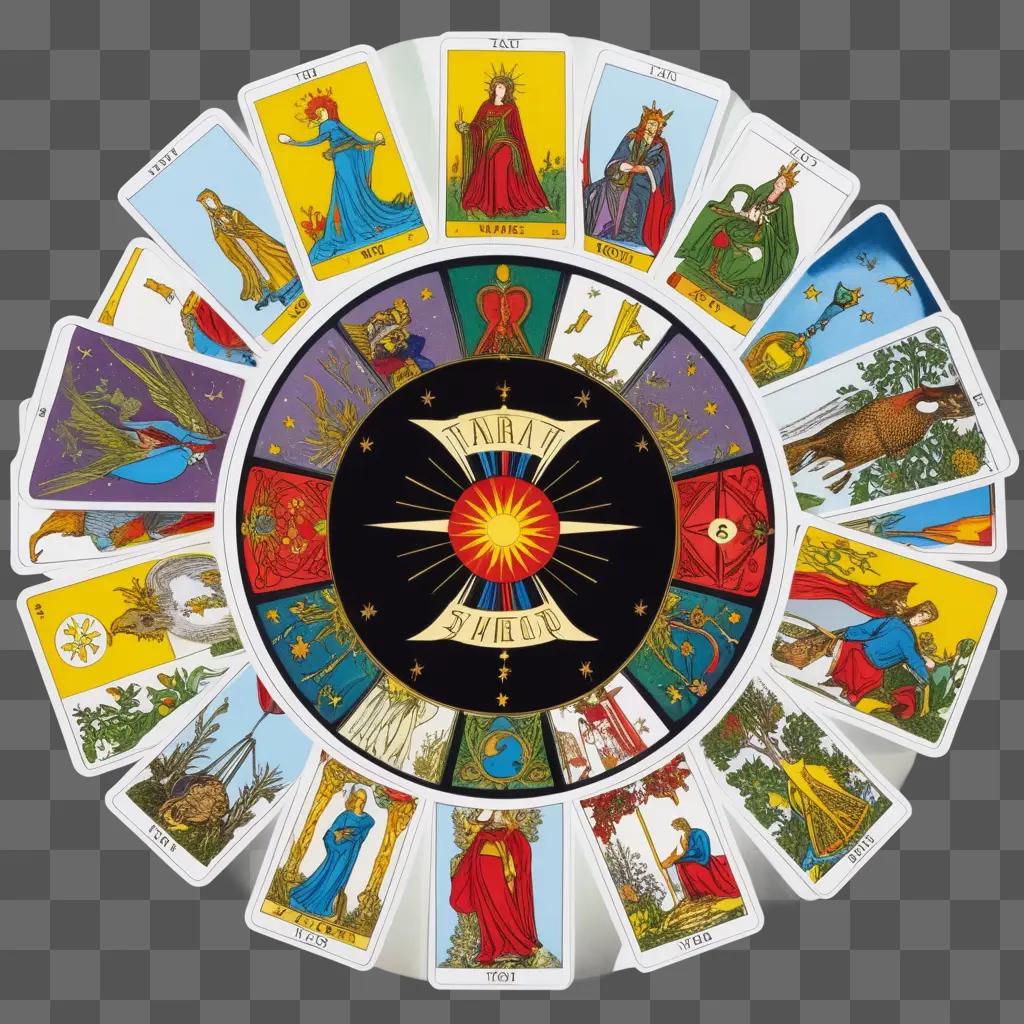 The tarot cards are arranged in a circular pattern