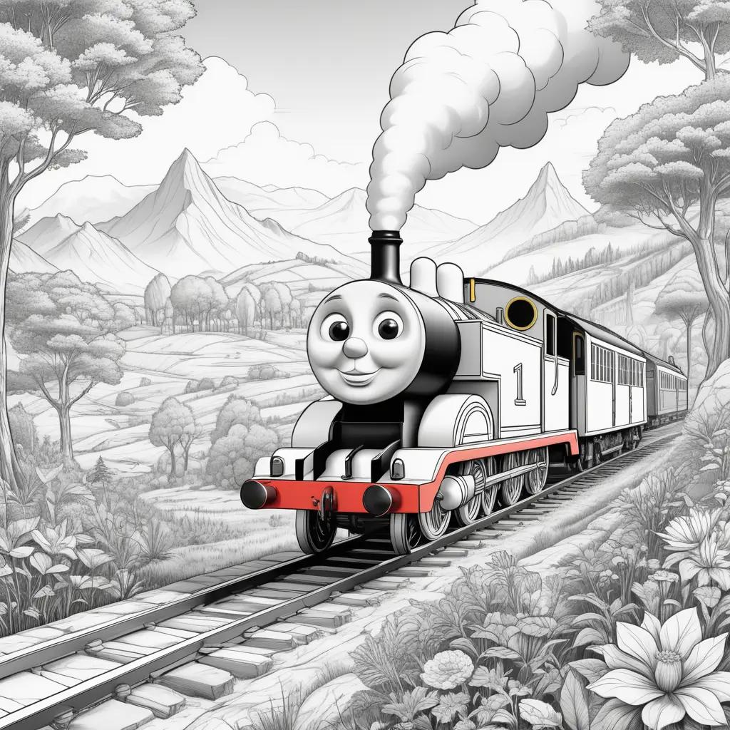 Thomas coloring pages: train on tracks in black and white