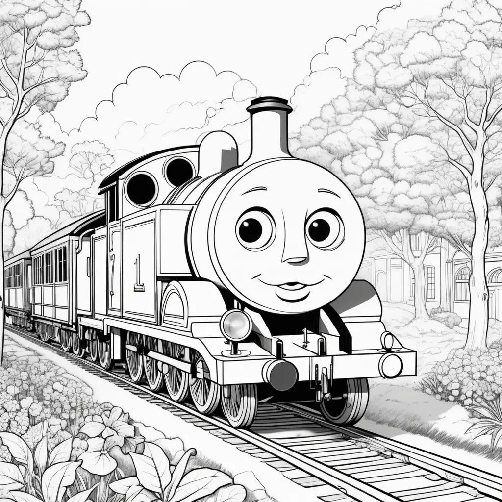 Thomas coloring pages featuring a black and white train on the tracks