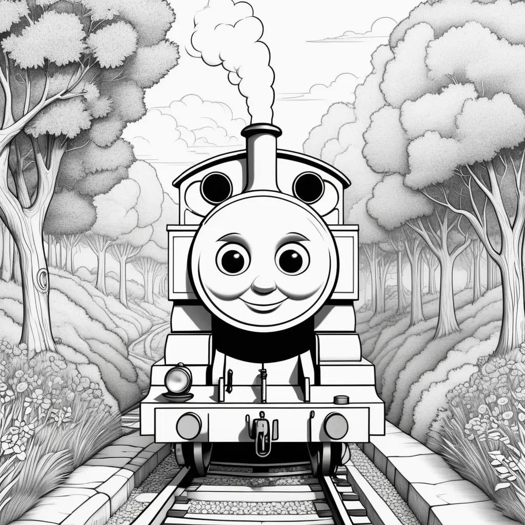 Thomas coloring pages with a train in a forest