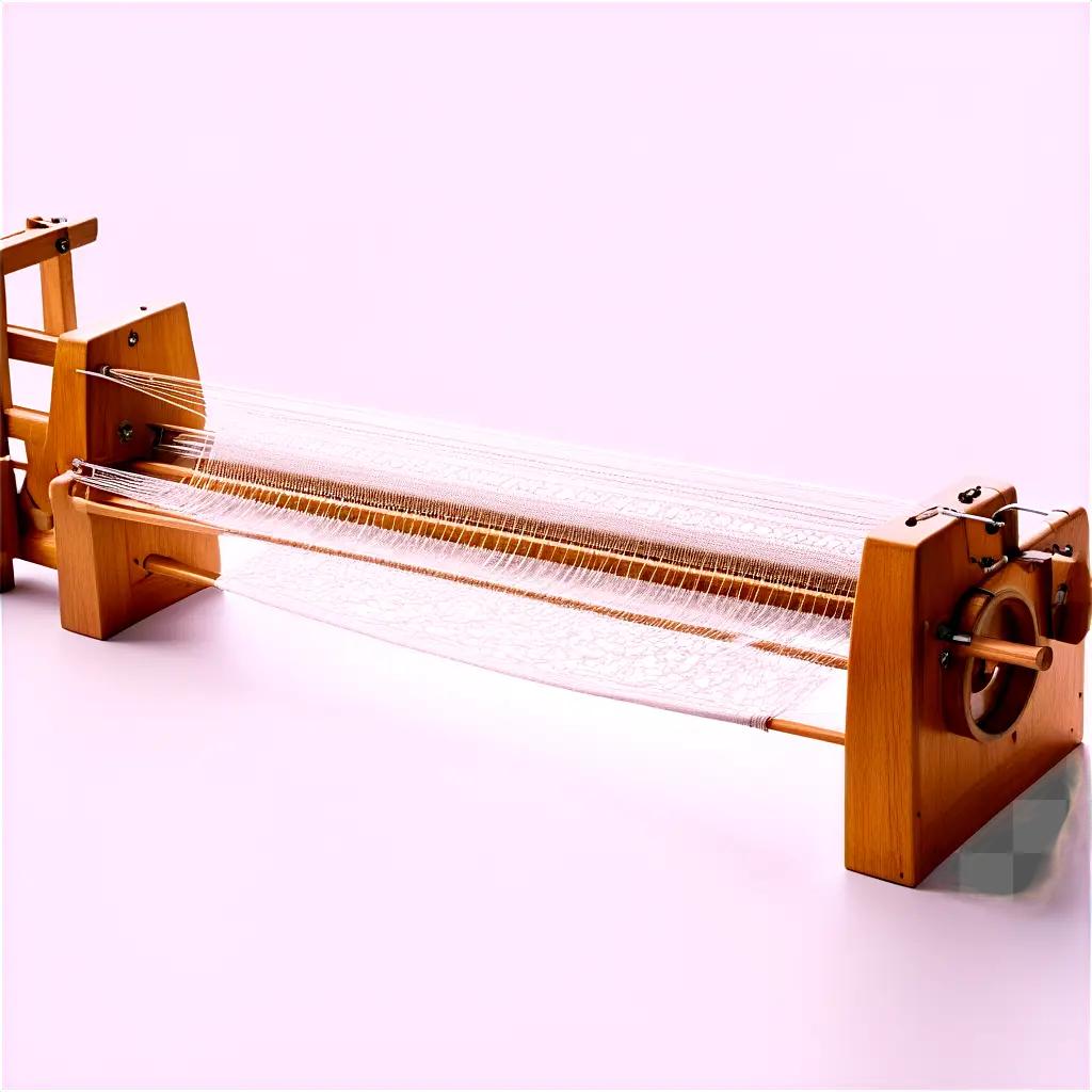 Threading a large wooden loom with white thread