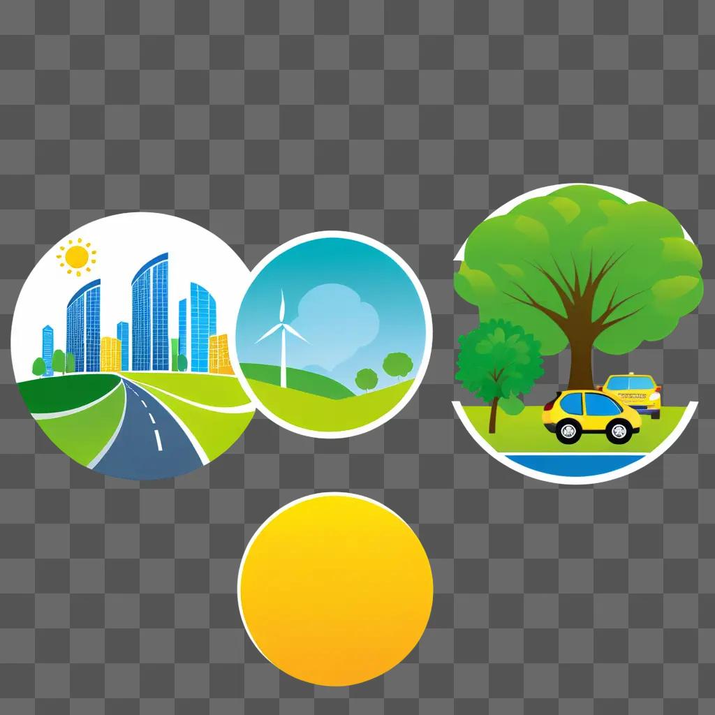 Three 3D images of a car, a city, and a tree