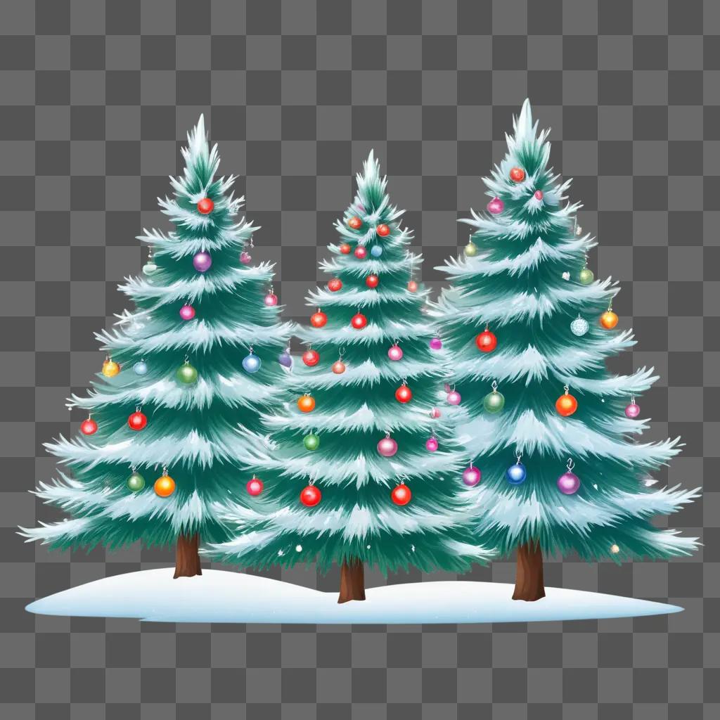 Three Christmas trees decorated with ornaments in a blue background