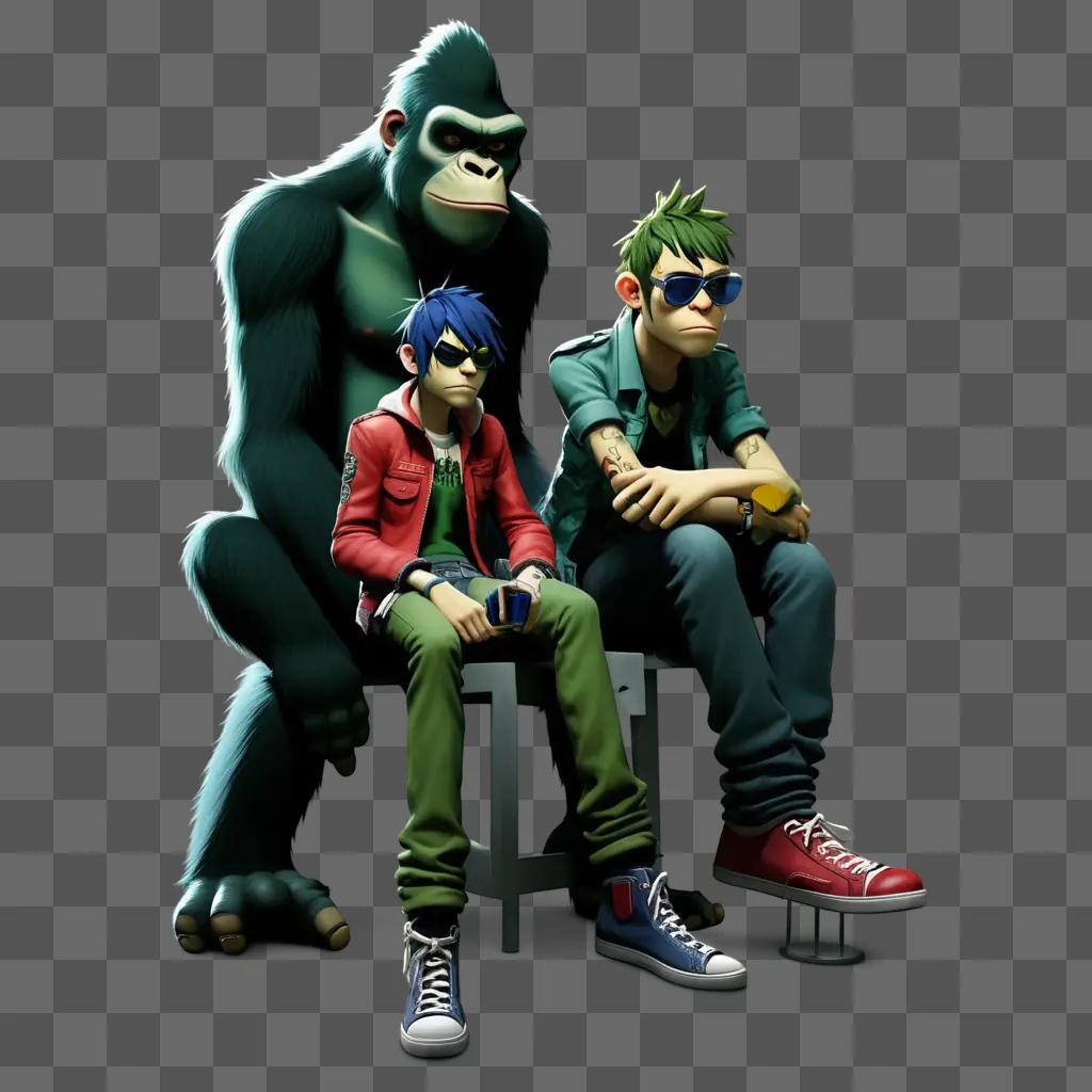 Three Gorillaz characters sit on a bench