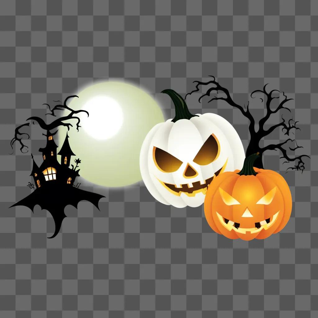 Three Halloween pumpkins in a forest scene