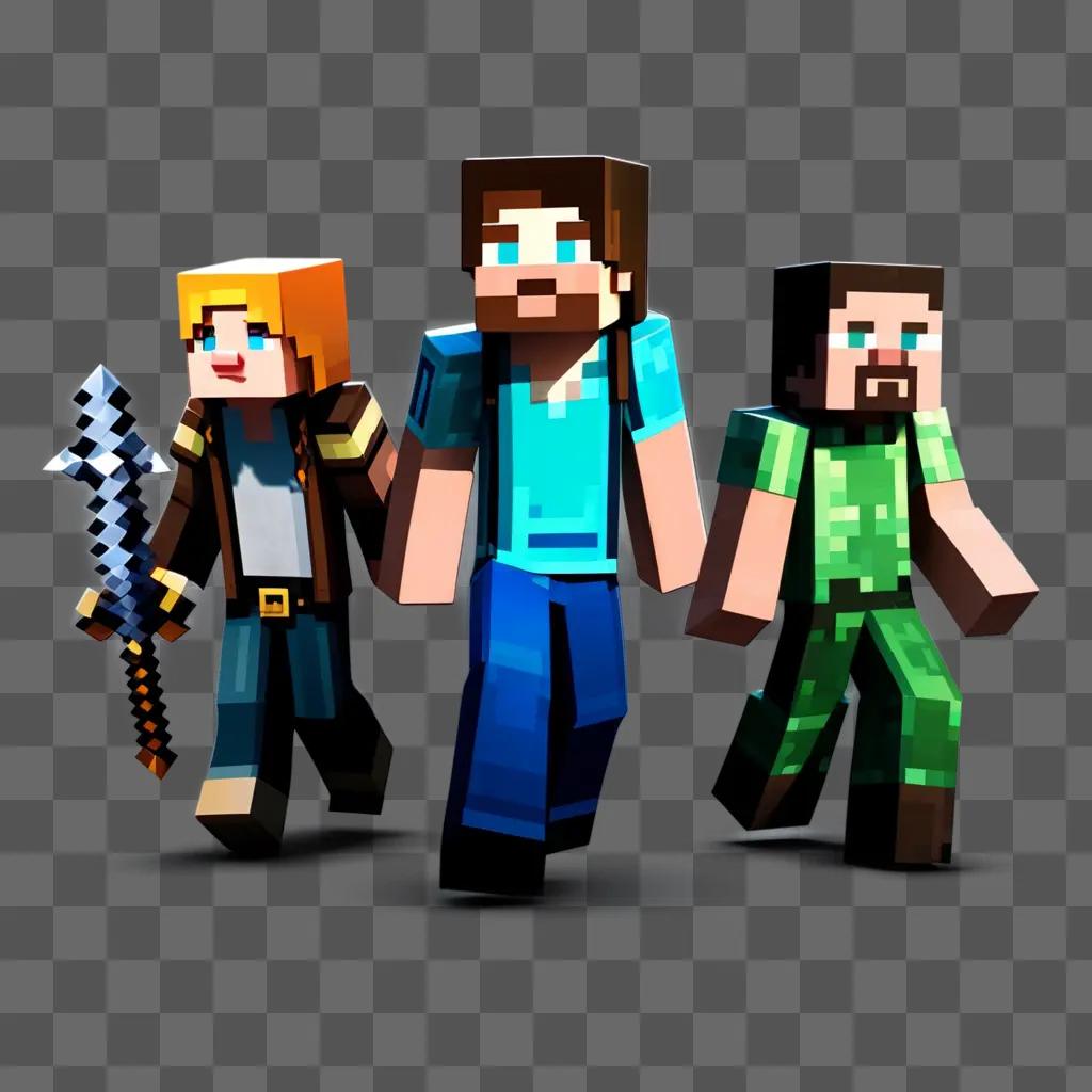 Three Minecraft characters walk together