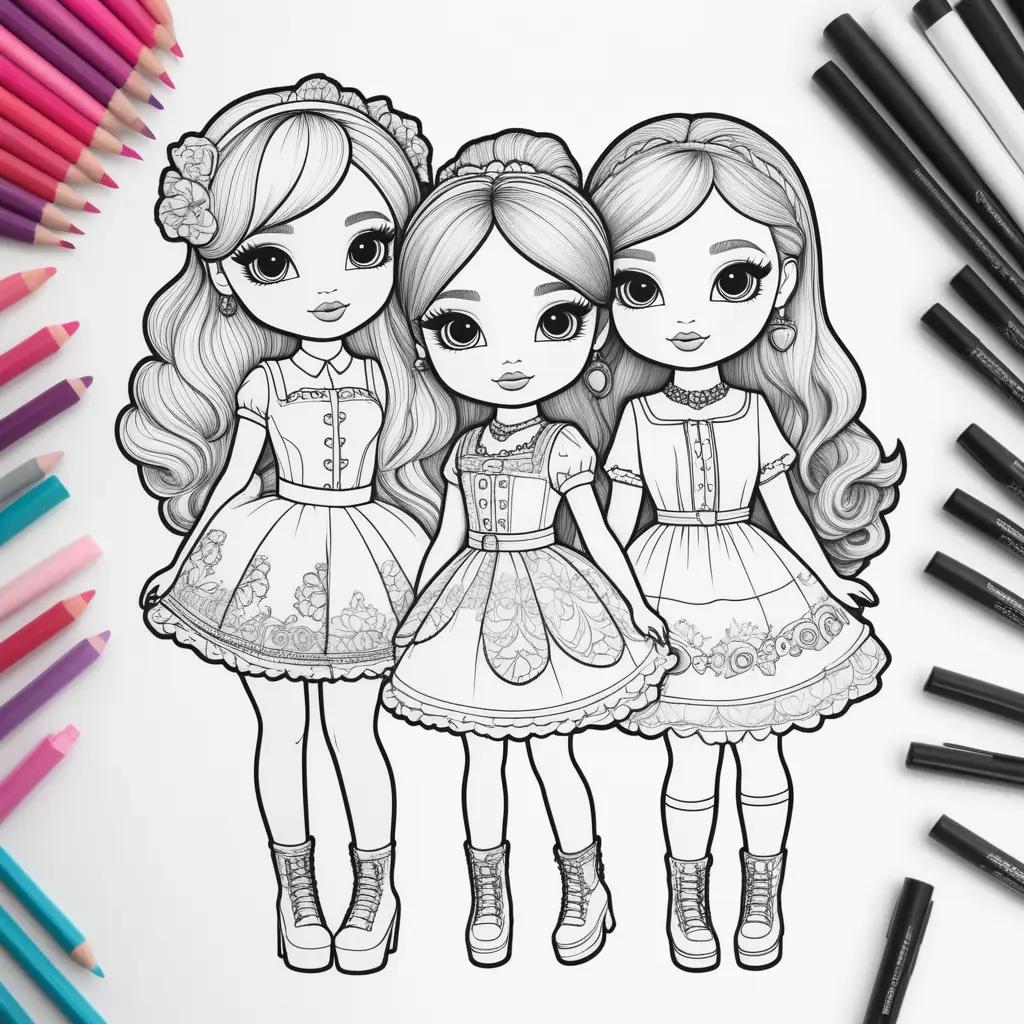 Three adorable lol dolls in a black and white coloring page