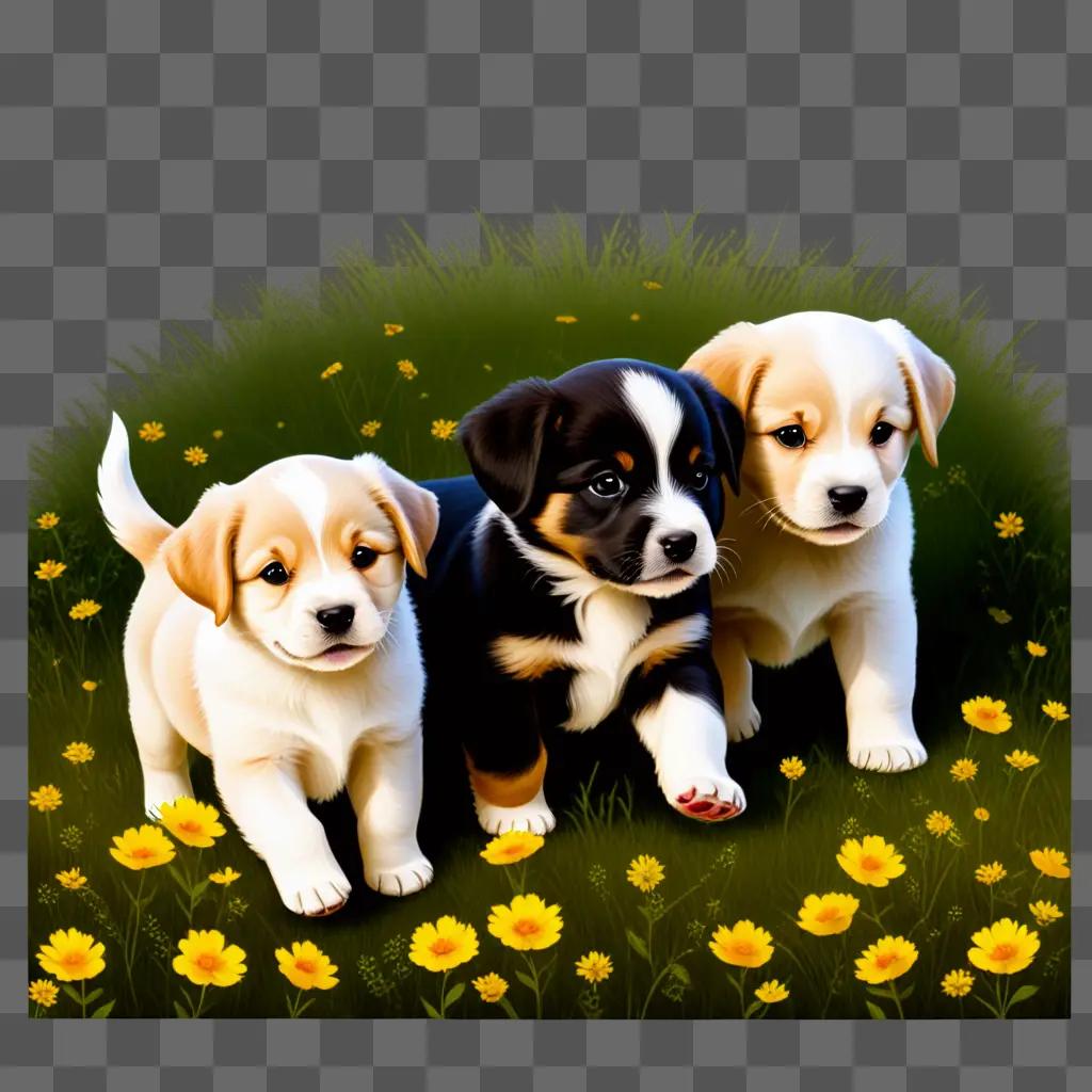 Three adorable puppies frolic in a field