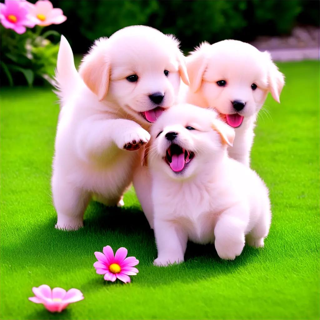 Three adorable puppies play together