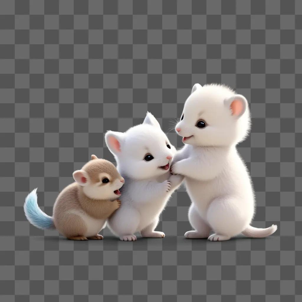 Three adorable white furry animals playing together