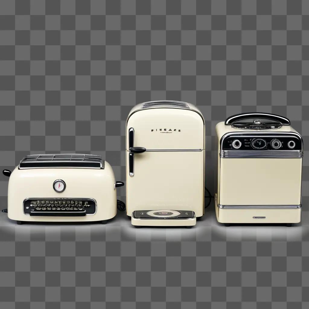 Three antique appliances stand on a grey background