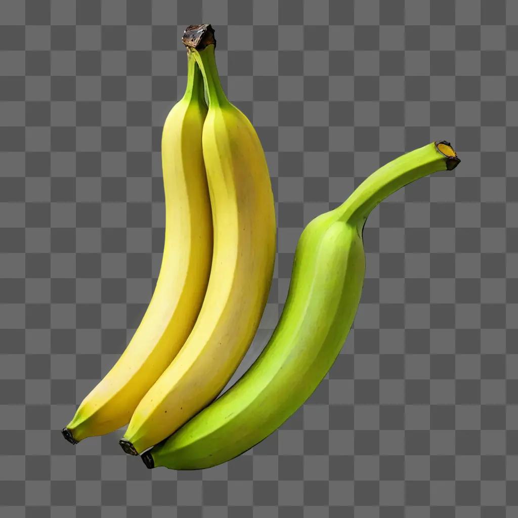 Three bananas are pictured in a green background