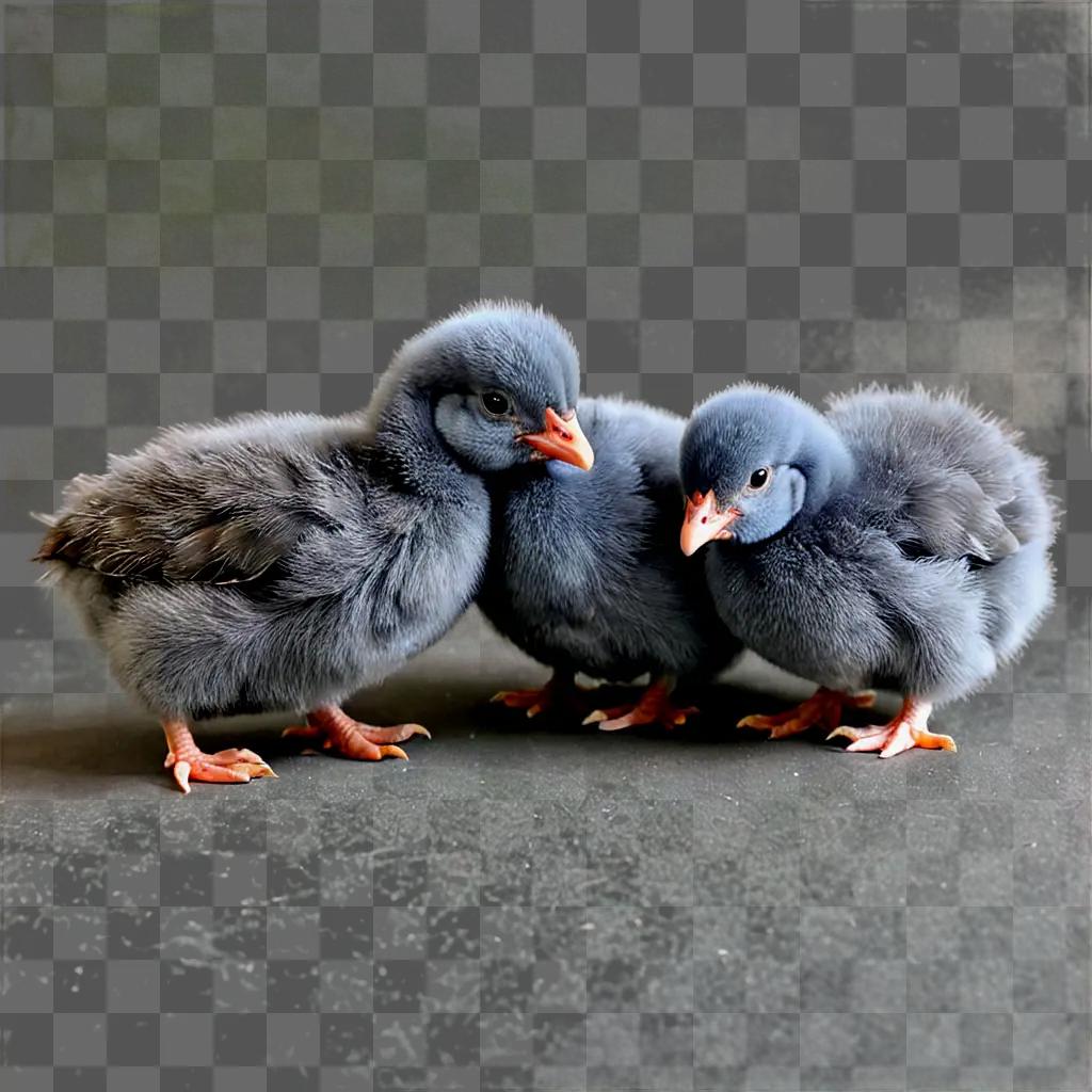 Three blue copper marans chicks on the ground