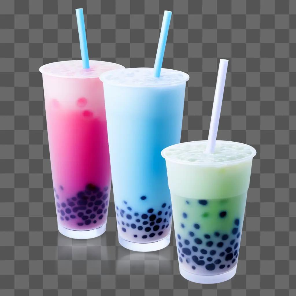 Three boba drinks sit on a table