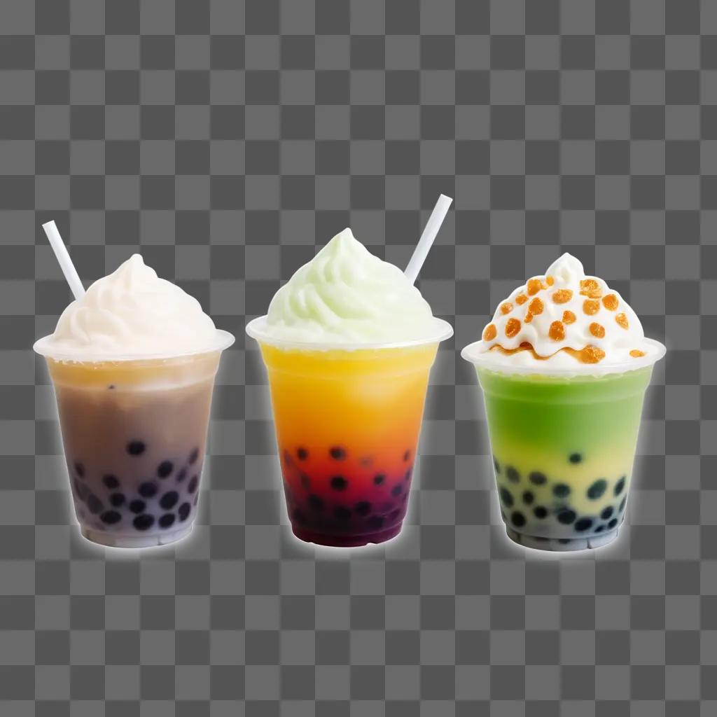 Three boba drinks with different toppings and foam