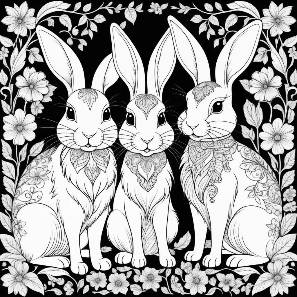 黒と白のぬりえの3匹のウサギ
