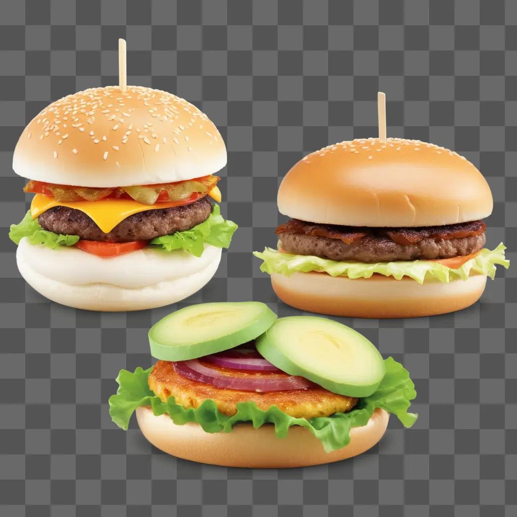 茶色の背景にバンズと3つのハンバーガー