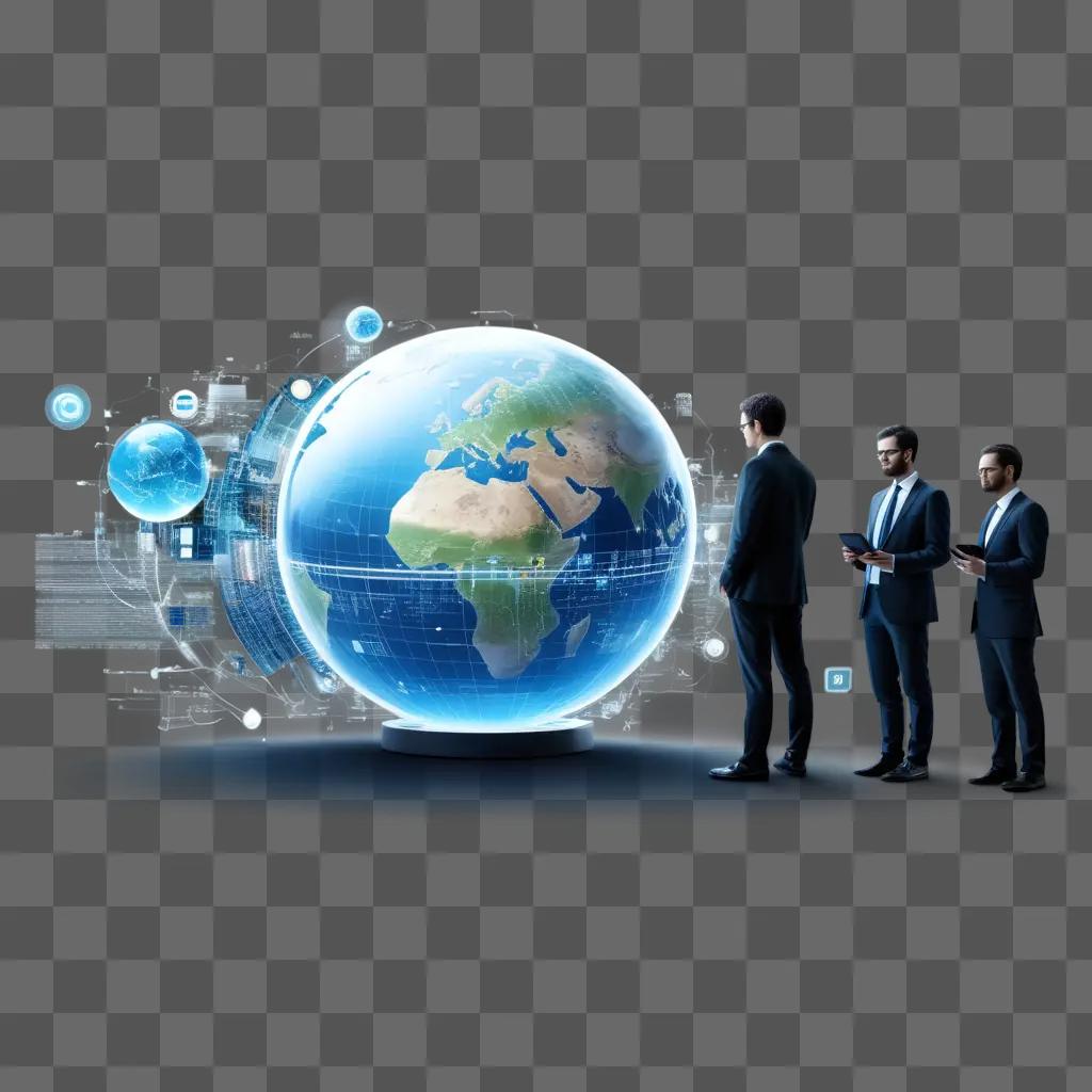 Three businessmen stand in front of a globe illuminated by digital screens