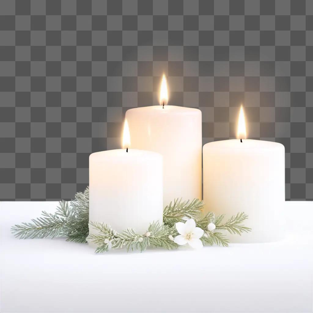 Three candles light on a white surface with a pine branch