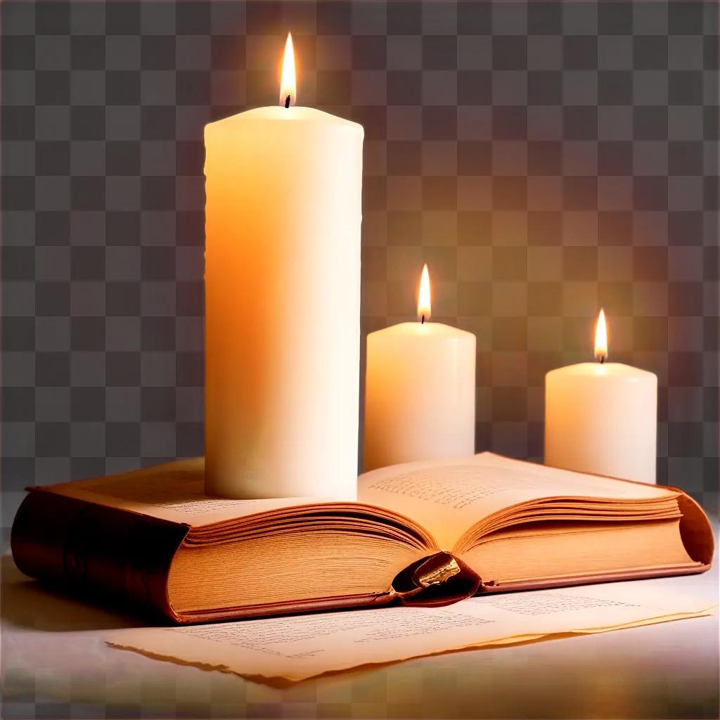 Three candles on a book, lit and glowing