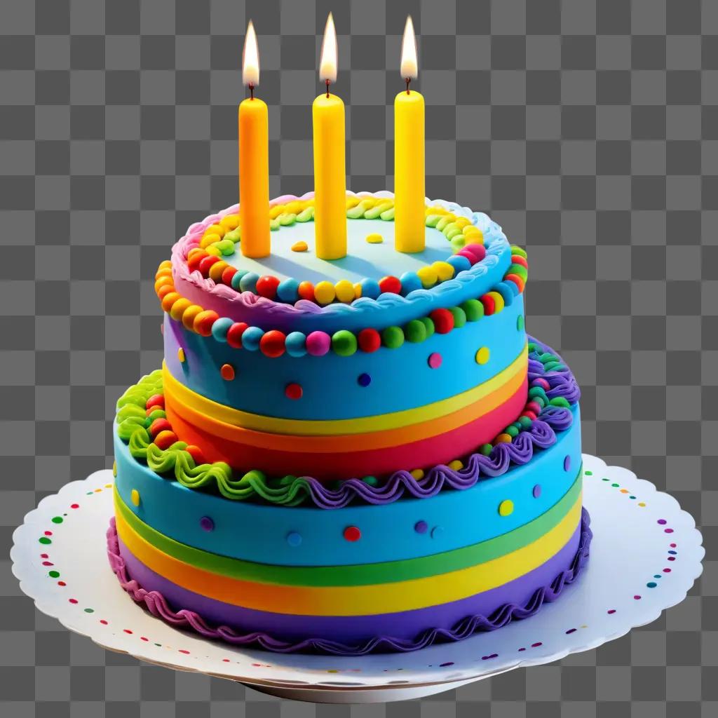 Three candles on colorful birthday cake with polka dots