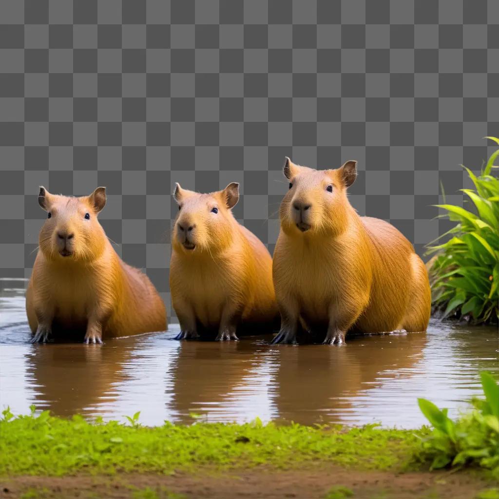 Three capibara stand in water near grass