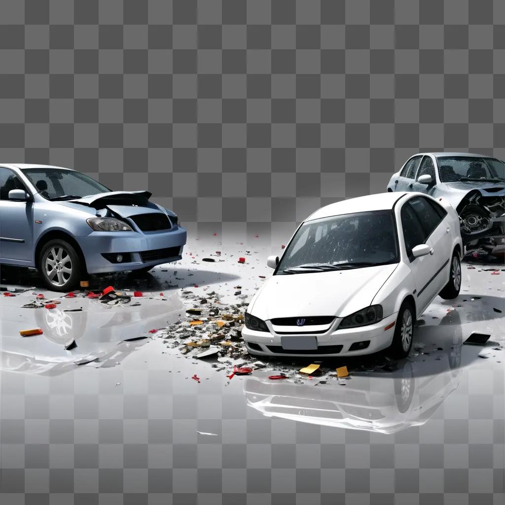 Three cars wrecked in an accident scene