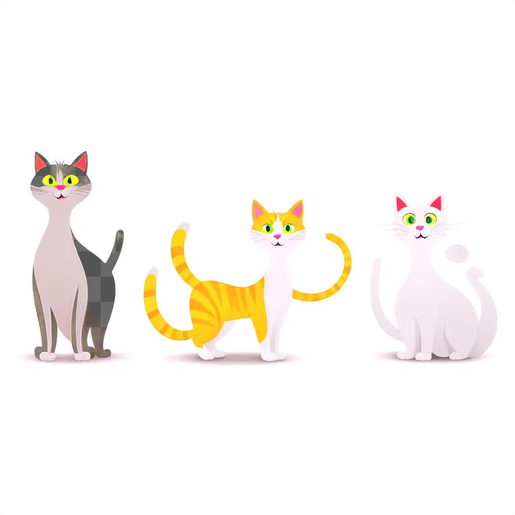 Three cartoon cats of different colors pose for the camera