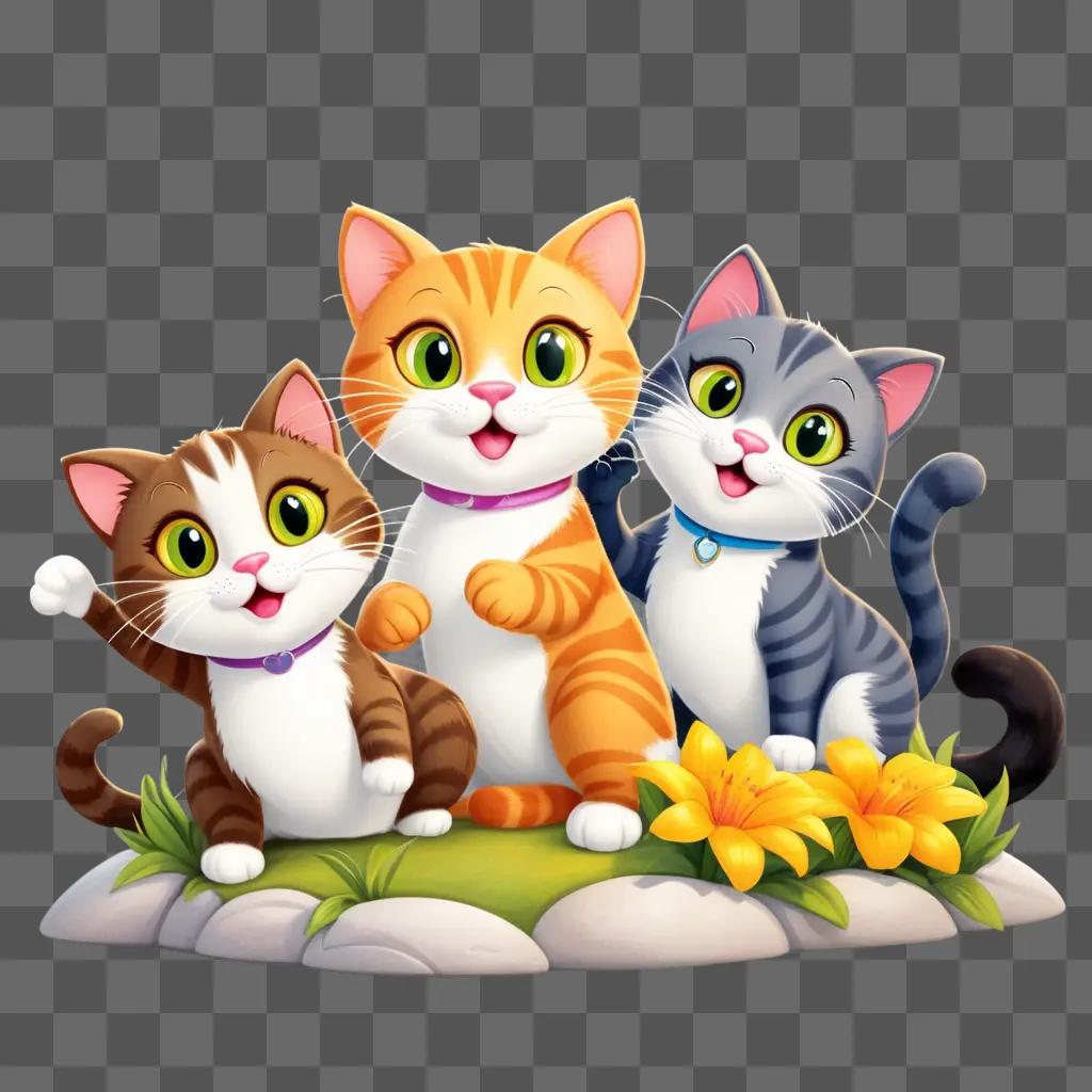 Three cartoon cats pose together on a rock