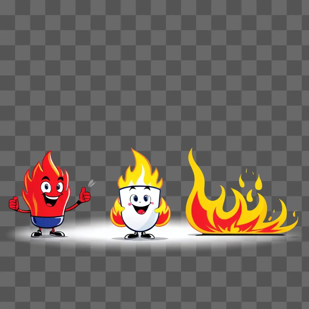 Three cartoon fire characters with a fire in the background