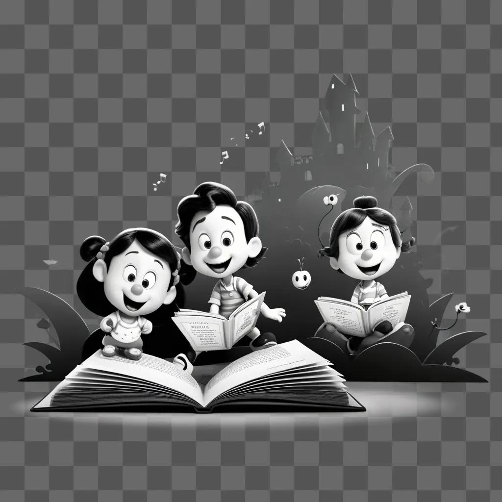 Three cartoon kids reading a book