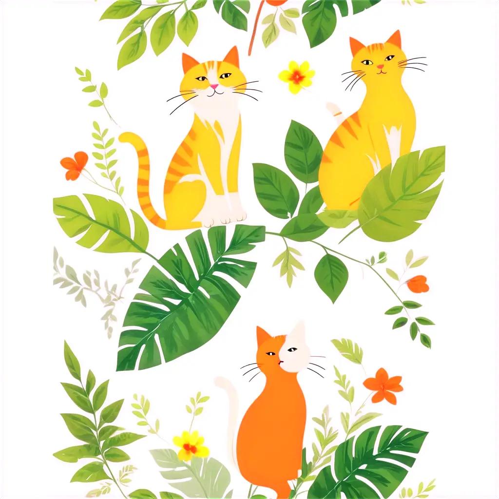 Three cats sitting on leaves with flowers