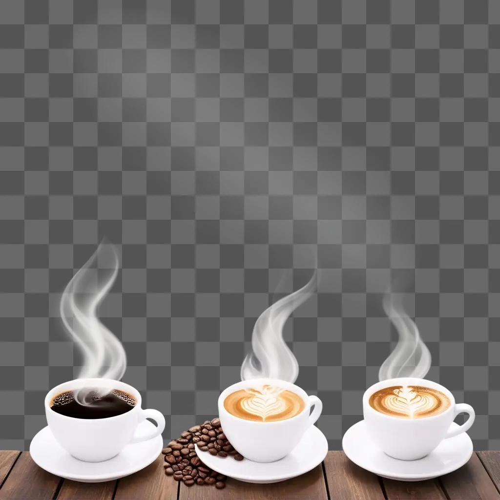 Three coffee cups on a table with steam rising from them