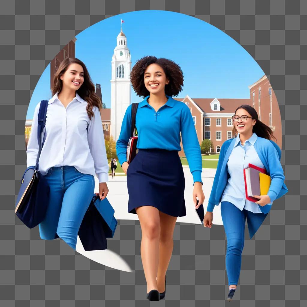 Three college students walk together