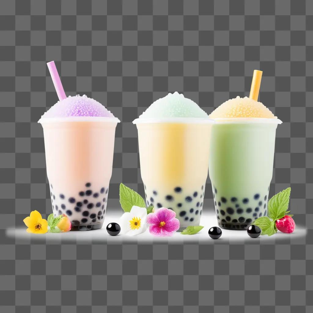 Three colorful bubble tea drinks on a table