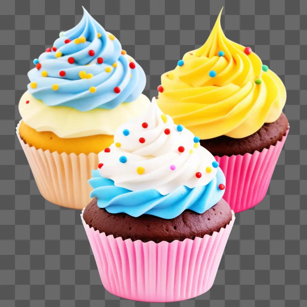 Three colorful cupcakes with sprinkles on pink paper